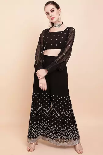 Black black & white embellished sequinned  georgette palazoo saree