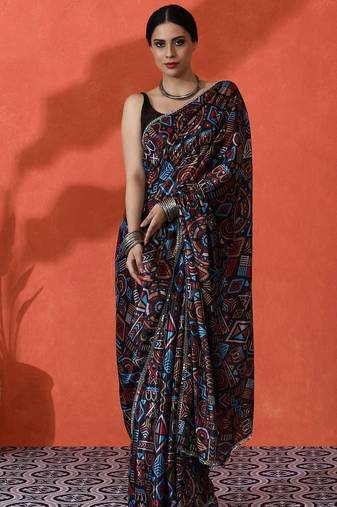Black mirror work floral printed digital printed satin saree with blouse piece