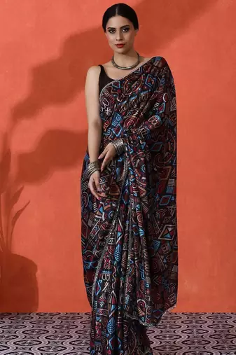 Black mirror work floral printed digital printed satin saree with blouse piece