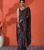 Black mirror work floral printed digital printed satin saree with blouse piece