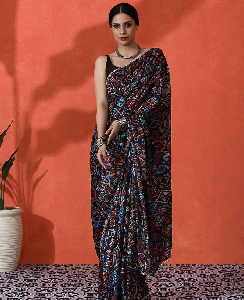 Black mirror work floral printed digital printed satin saree with blouse piece