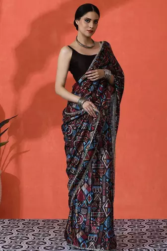 Black mirror work floral printed digital printed satin saree with blouse piece