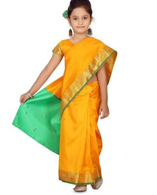 Yellow girls block print woven-design saree with blouse piece 1