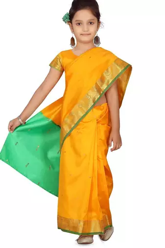 Yellow girls block print woven-design saree with blouse piece