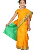 Yellow girls block print woven-design saree with blouse piece