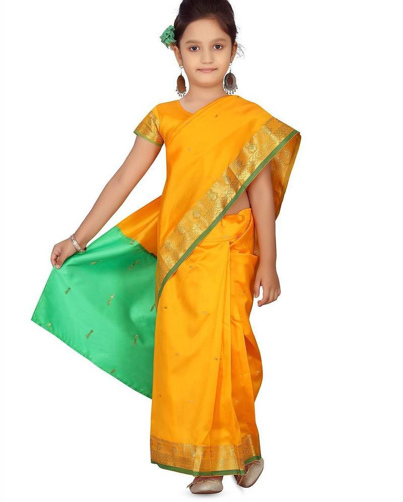 Yellow girls block print woven-design saree with blouse piece