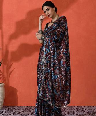 Black mirror work floral printed digital printed satin saree with blouse piece 3
