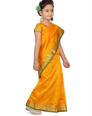 Yellow girls block print woven-design saree with blouse piece 2