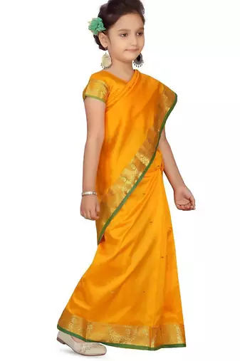 Yellow girls block print woven-design saree with blouse piece