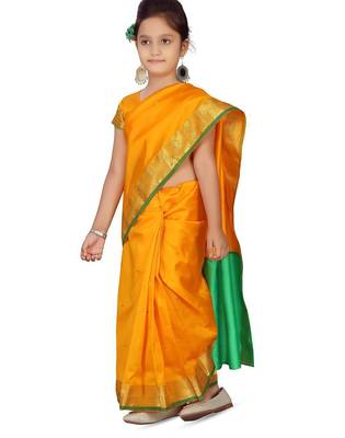 Yellow girls block print woven-design saree with blouse piece 3
