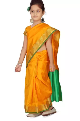 Yellow girls block print woven-design saree with blouse piece