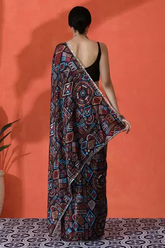 Black mirror work floral printed digital printed satin saree with blouse piece