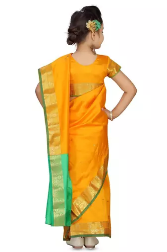 Yellow girls block print woven-design saree with blouse piece