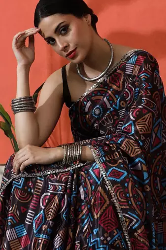Black mirror work floral printed digital printed satin saree with blouse piece