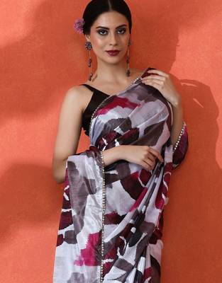 White mirror work floral printed digital printed satin saree with blouse piece 1