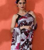 White mirror work floral printed digital printed satin saree with blouse piece