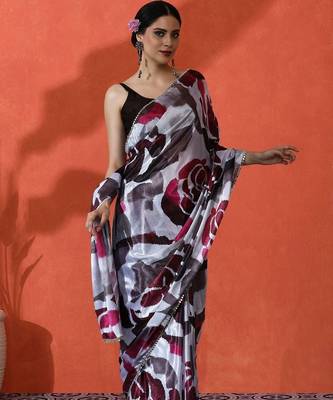 White mirror work floral printed digital printed satin saree with blouse piece 2