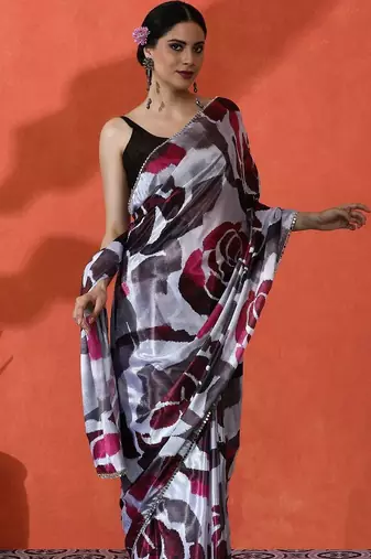 White mirror work floral printed digital printed satin saree with blouse piece
