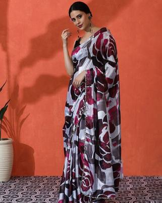 White mirror work floral printed digital printed satin saree with blouse piece 3