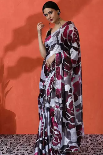White mirror work floral printed digital printed satin saree with blouse piece