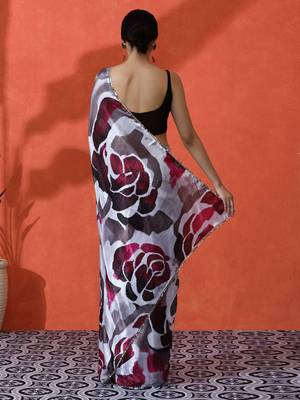 White mirror work floral printed digital printed satin saree with blouse piece 4