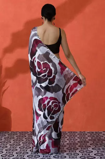 White mirror work floral printed digital printed satin saree with blouse piece