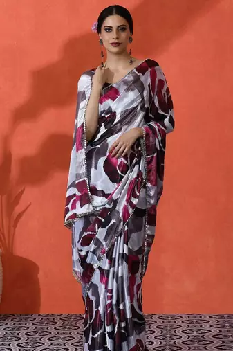 White mirror work floral printed digital printed satin saree with blouse piece