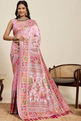 Pink woven design pashmina sarees