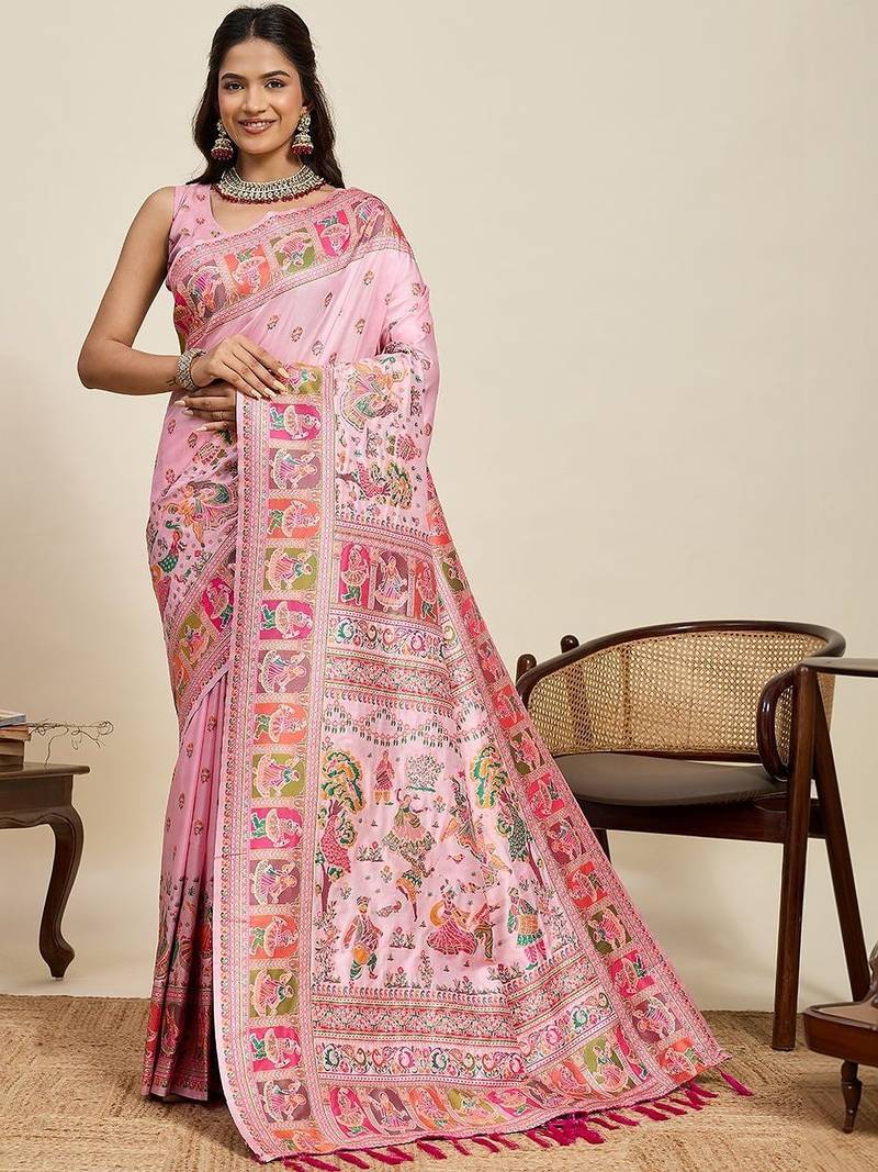 Pink woven design pashmina sarees
