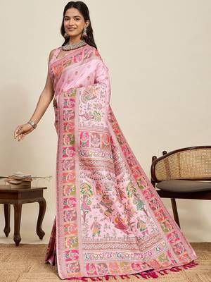 Pink woven design pashmina sarees 2