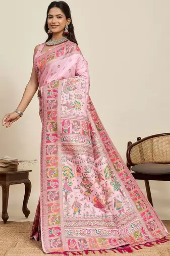 Pink woven design pashmina sarees
