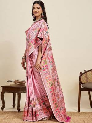 Pink woven design pashmina sarees 3