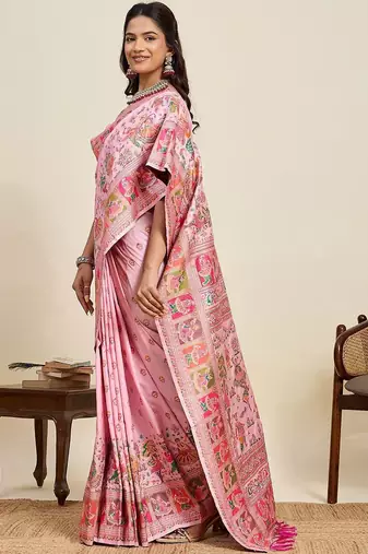 Pink woven design pashmina sarees