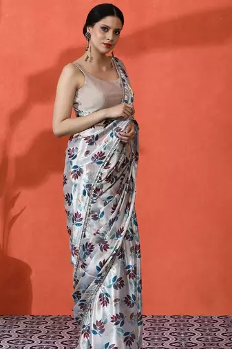 White mirror work floral printed digital printed satin saree with blouse piece