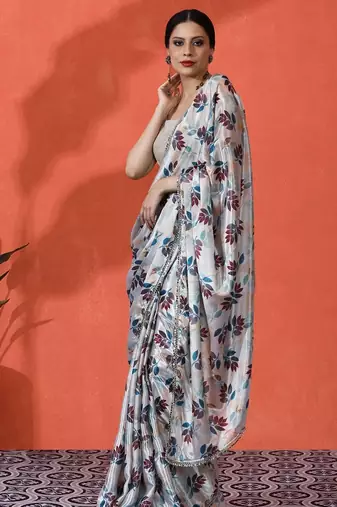 White mirror work floral printed digital printed satin saree with blouse piece