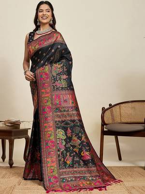 Black woven design pashmina sarees 2