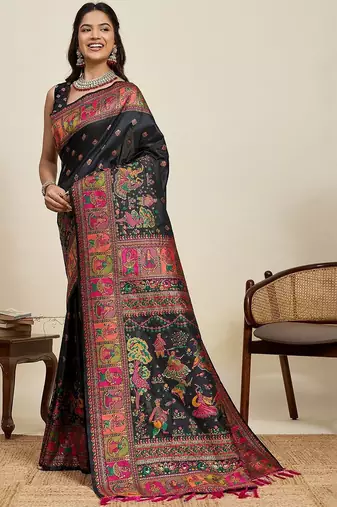 Black woven design pashmina sarees