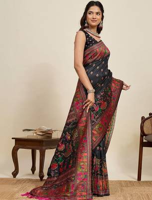 Black woven design pashmina sarees 3