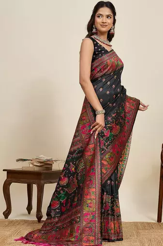 Black woven design pashmina sarees