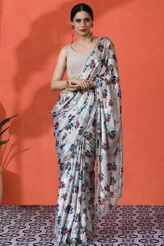 White mirror work floral printed digital printed satin saree with blouse piece