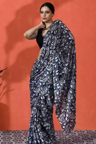 Blue mirror work floral printed digital printed satin saree with blouse piece
