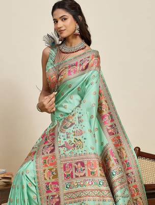 Sea green woven design pashmina sarees 1