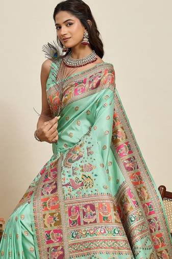 Sea green woven design pashmina sarees