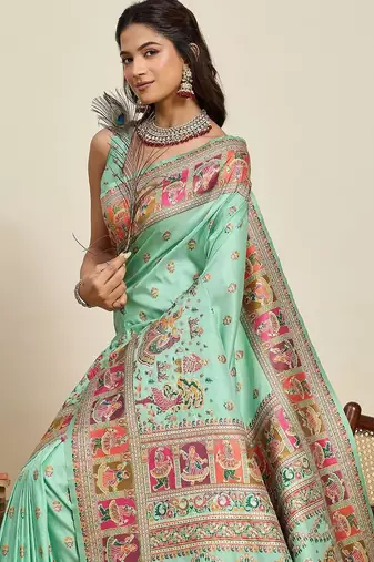 Sea green woven design pashmina sarees