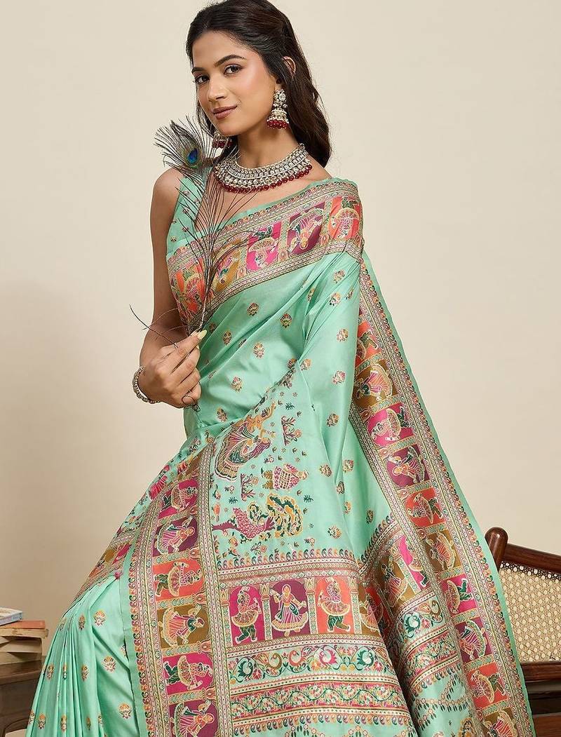 Sea green woven design pashmina sarees