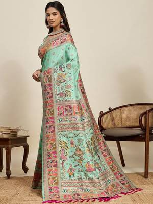 Sea green woven design pashmina sarees 2