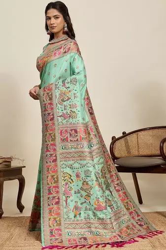 Sea green woven design pashmina sarees