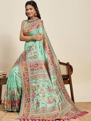 Sea green woven design pashmina sarees 3