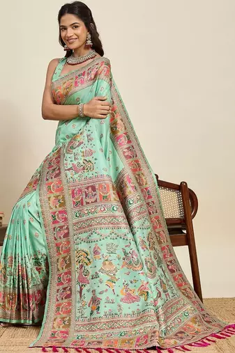 Sea green woven design pashmina sarees