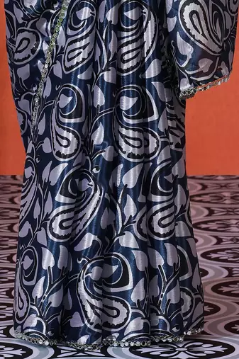 Blue mirror work floral printed digital printed satin saree with blouse piece